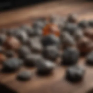 A rare collection of various meteorites displayed elegantly on a wooden table.