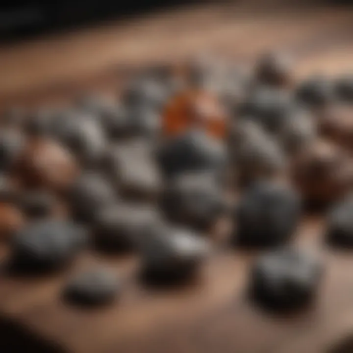 A rare collection of various meteorites displayed elegantly on a wooden table.