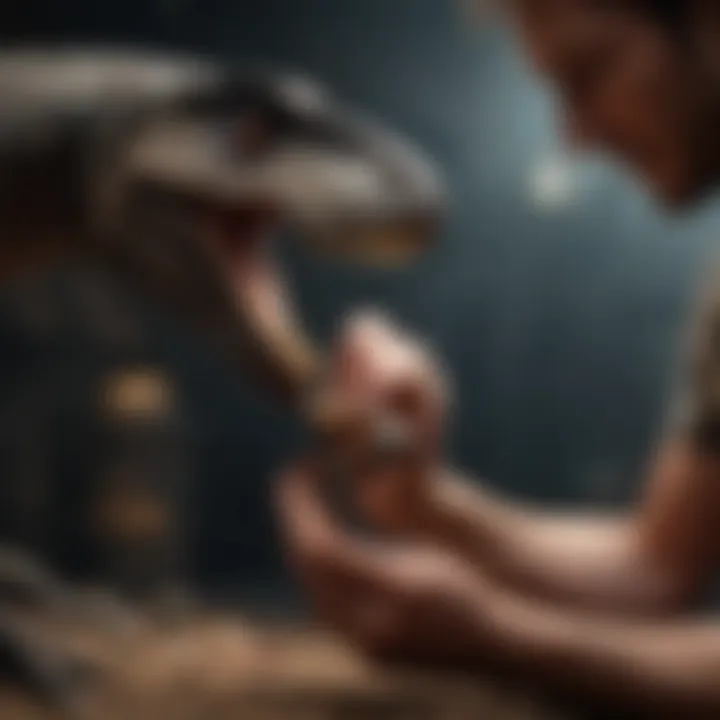 An expert evaluating a velociraptor claw in a well-lit environment