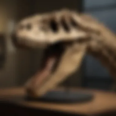 Mounted Allosaurus skull replica displayed in an educational setting