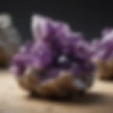 Amethyst crystal cluster displayed elegantly against a neutral background.