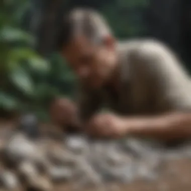 Collecting and Identifying Andara Stone A collector examining Andara stones with tools for identification and valuation