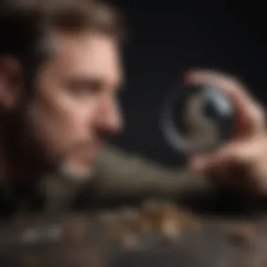 A collector examining a rare coin using a magnifying loupe