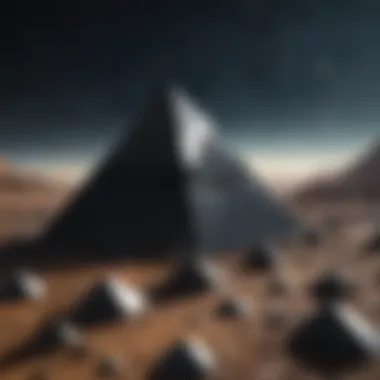 An artistic representation of black obsidian pyramids against a cosmic background, symbolizing their spiritual significance