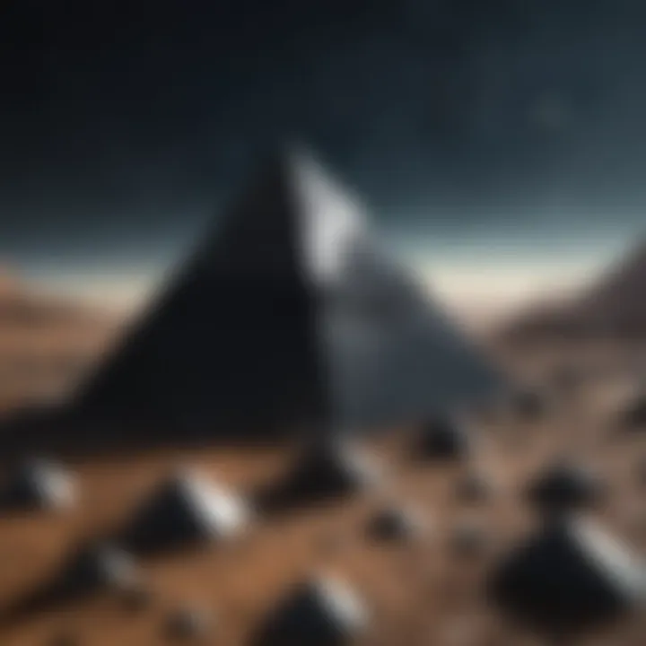 An artistic representation of black obsidian pyramids against a cosmic background, symbolizing their spiritual significance