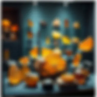 An assortment of Burmese amber pieces displayed in a collector's showcase