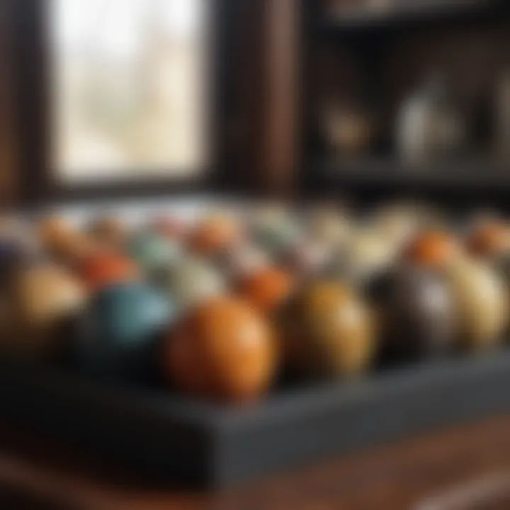 A collection of various jasper spheres displayed on a decorative tray, highlighting their diversity.