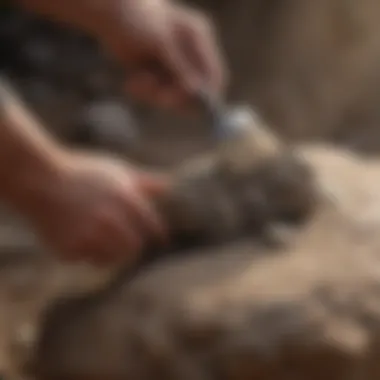 A close-up of a rock being carefully brushed to remove dirt and debris