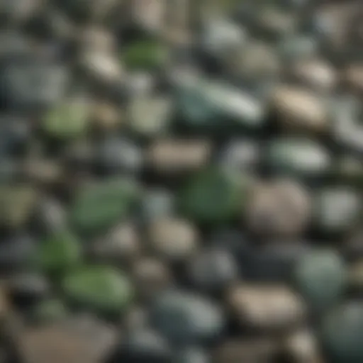 Close-up of various raw green stones showcasing unique textures