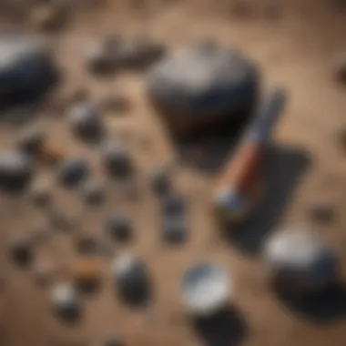Essential Tools for Meteorite Hunting Field tools and equipment laid out on rocky terrain