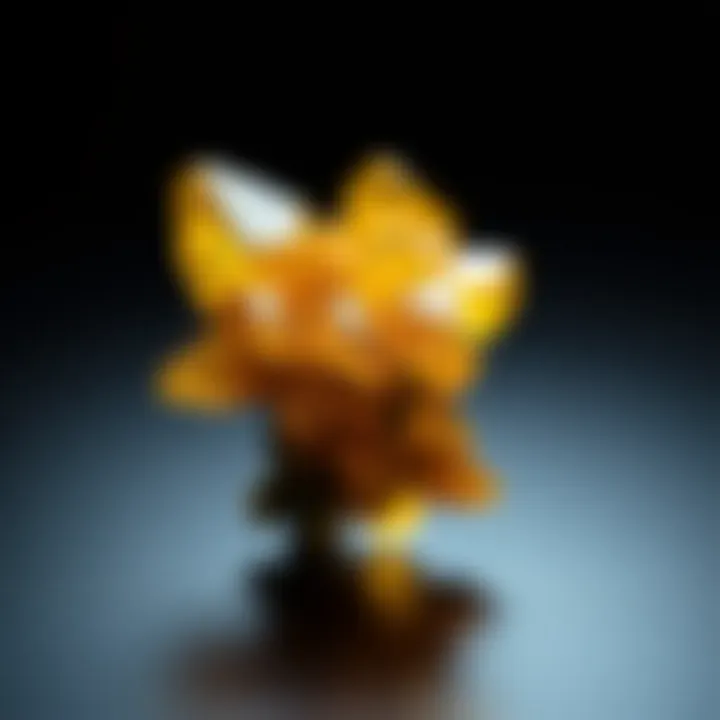 Wulfenite Crystal Cluster Wulfenite crystal cluster set against a dark background to highlight its reflective surfaces.