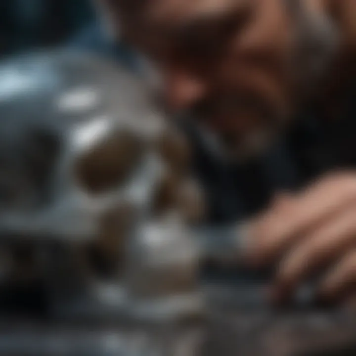 A close-up view of a master craftsman carving a crystal skull with precision.