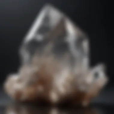 A detailed close-up of a quartz crystal, emphasizing its natural facets and reflections