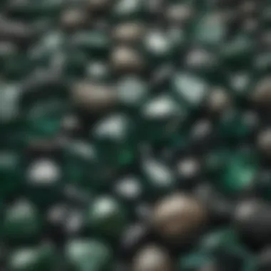 A collection of various dark green gemstones showcasing their unique textures and colors.