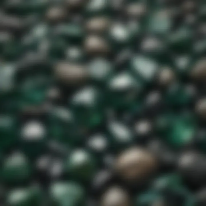 A collection of various dark green gemstones showcasing their unique textures and colors.