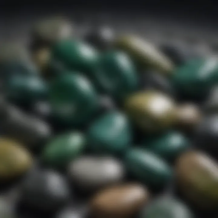 An assortment of dark green stones used in alternative healing practices, symbolizing their spiritual significance.