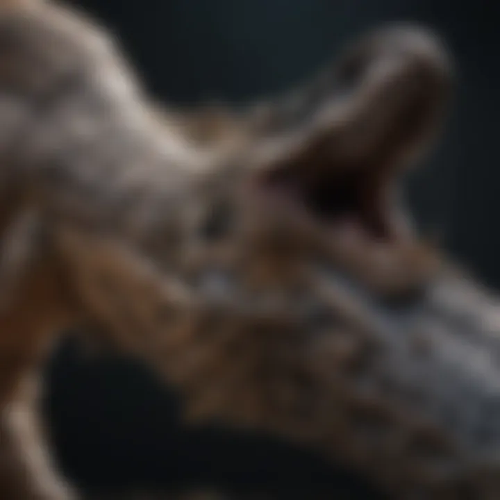 A close-up view of the intricate details on a dinosaur-themed weapon.