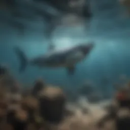 A detailed illustration of the megalodon in its natural habitat, showcasing its massive size compared to contemporary marine life.