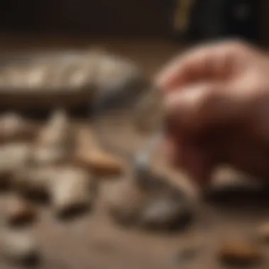 An expert examining an arrowhead with a magnifying glass, focusing on material quality