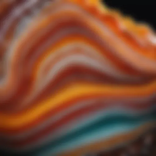 A close-up view of a vibrant agate stone showcasing intricate banding and color variations