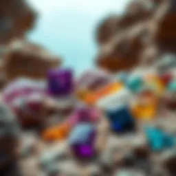 A stunning array of colorful Arizona gemstones displayed on natural rock formations.