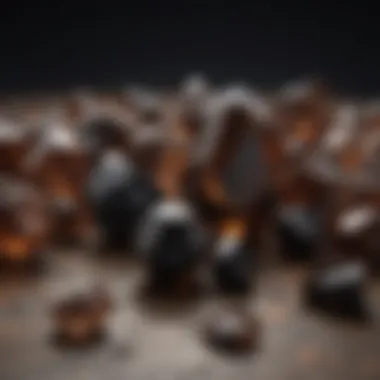 Showcase of Collected Black Crystals with Brown Lines Variety of black crystals with brown lines displayed in a collector's showcase