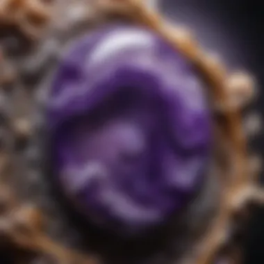 Polished Charoite Cabochon - A Study in Violet and Swirl Close-up view of polished charoite cabochon showcasing its rich violet hues and swirling patterns.
