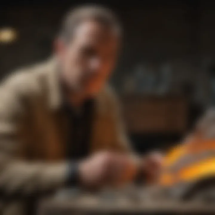 Collector examining specimens with color streaks under natural light
