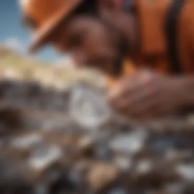 Close-up view of a miner carefully extracting crystals from the earth