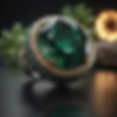 A stunning piece of jewelry featuring a prominent dark green gemstone.