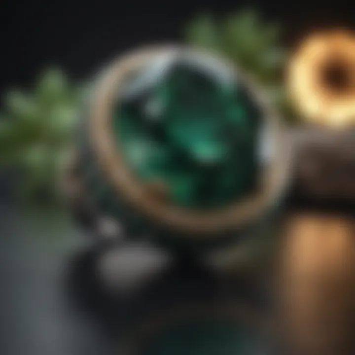 A stunning piece of jewelry featuring a prominent dark green gemstone.