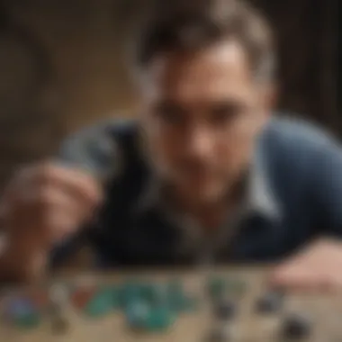 A collector inspecting gemstones with a magnifying glass