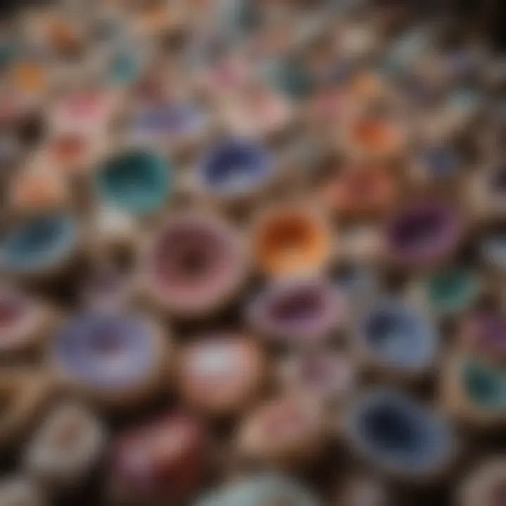 A display of various types of geodes for sale at a local gem shop