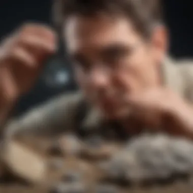 A collector examining a geological specimen with a magnifying glass.