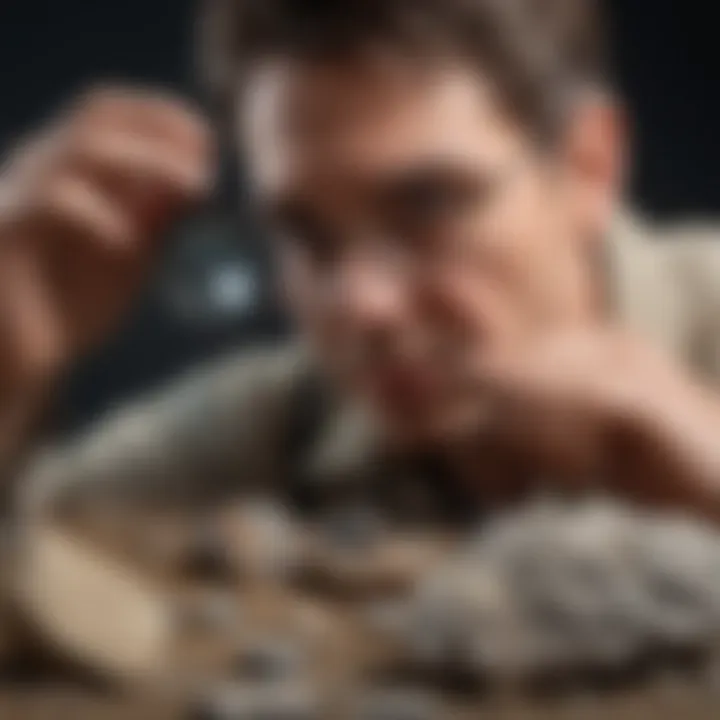 A collector examining a geological specimen with a magnifying glass.