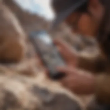 A geology enthusiast using a mobile device to identify a rock sample outdoors.