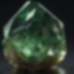 Close-up view of a polished green crystal reflecting light