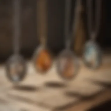 An elegant display of various fossil pendant necklaces on a rustic wooden table