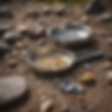 Gold panning tools laid out on a rocky surface