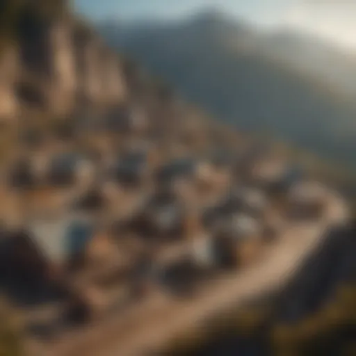 Aerial view of a historic gold mining town surrounded by mountains.