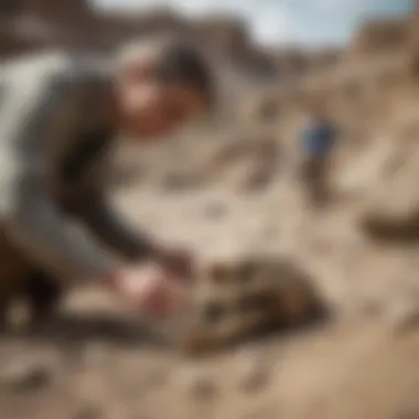 Studying Fossilized Remains at a Dig Site Paleontologist examining a fossilized bone