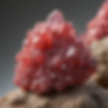 Natural rhodochrosite crystal cluster set against a neutral background highlighting its vibrant hues.