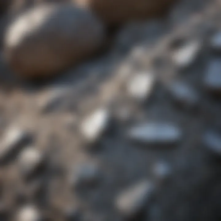 Close-up view of shiny silver flakes embedded in rock