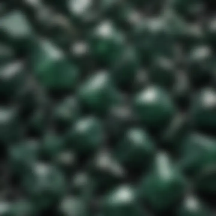 A display of dark green crystals with white spots incorporated in a metaphysical setting, demonstrating their significance