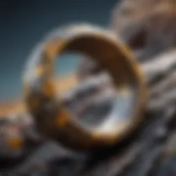 Close-up view of a pallasite meteorite ring showcasing its unique patterns and textures