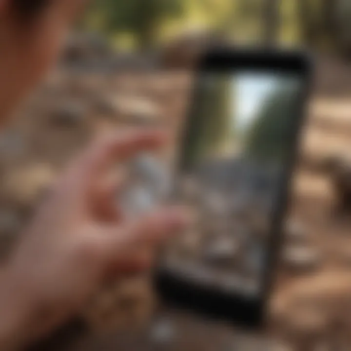 An individual using a crystal identification app on a smartphone in a natural setting