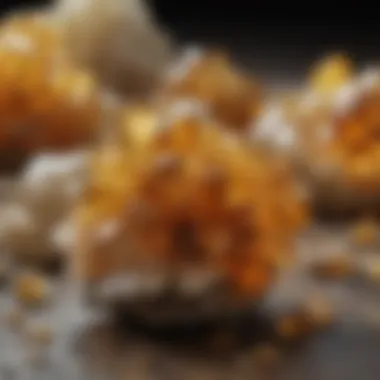 An artistic arrangement of various citrine crystal clusters on a natural surface, highlighting their beauty