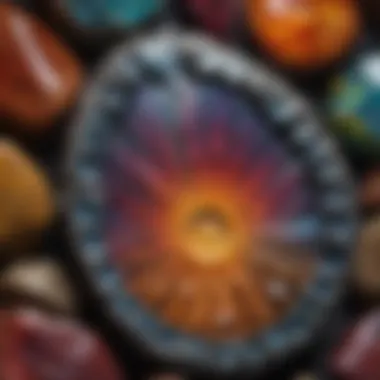 Close-up of a beautifully polished gemstone, highlighting its intricate patterns and vivid hues.