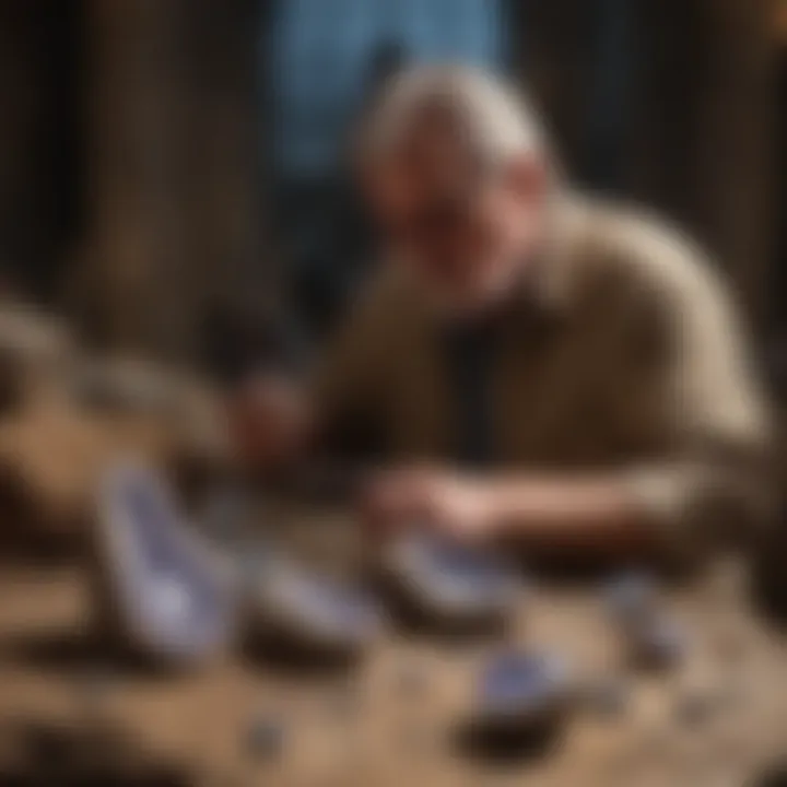 An expert examining a cathedral geode with tools for valuation