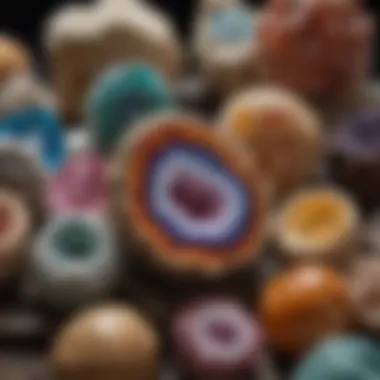 Diversity in Color and Form of Cathedral Geodes An array of various cathedral geodes displaying diverse colors and sizes